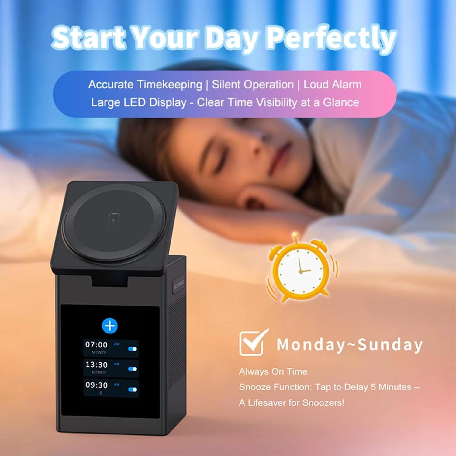 Premium iPhone Magnetic Wireless Charging Station, 15W Fast-Charge Stand with LED Display, Bluetooth Speaker & Alarm Clock