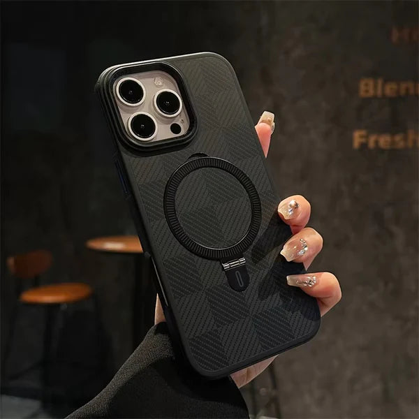 Luxury iPhone Case Titanium Gold Carbon Fiber Cover — MagSafe Compatible Magnetic Charging, Shockproof Hard Back with Ring Kickstand Holder, Anti-Fingerprint Design