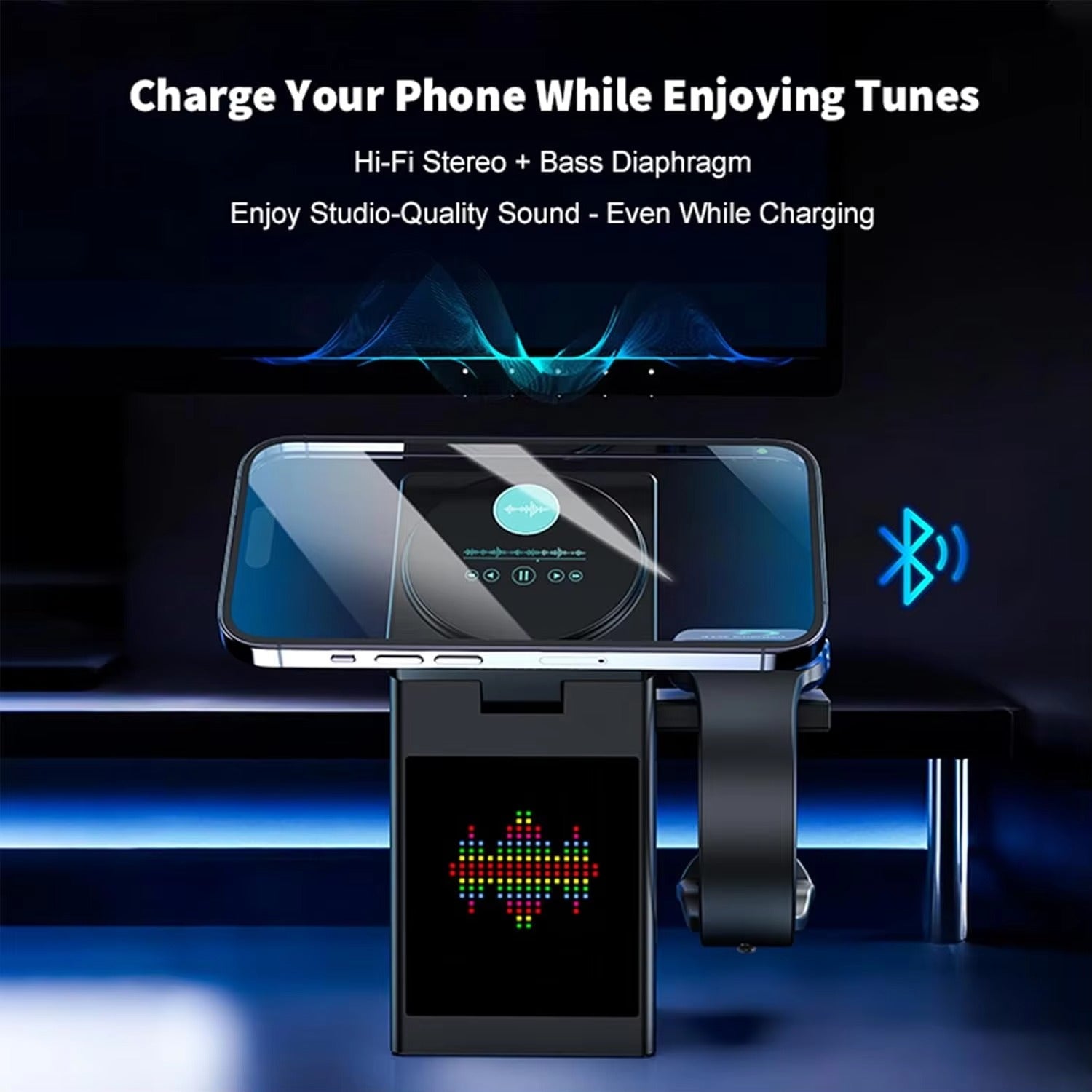 Premium iPhone Magnetic Wireless Charging Station, 15W Fast-Charge Stand with LED Display, Bluetooth Speaker & Alarm Clock