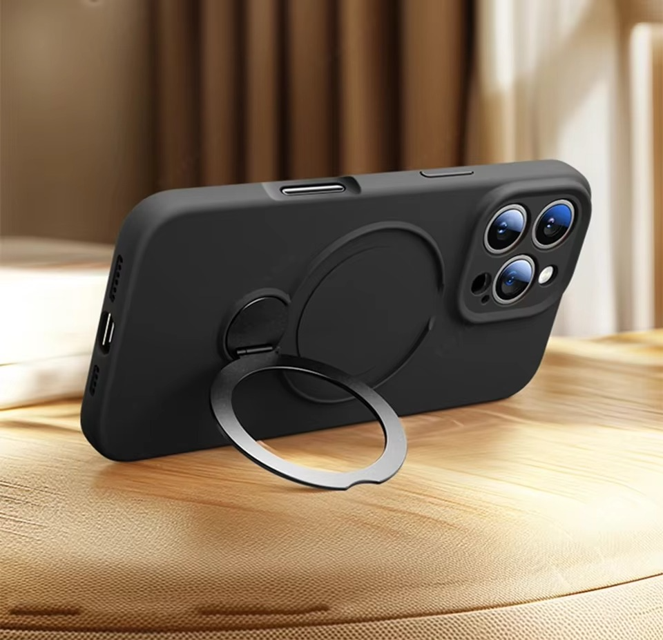 Luxury Liquid Silicone iPhone Case with Ring Holder — MagSafe Magnetic Stand, Matte Soft Bumper, Shockproof, Anti-Fingerprint, Non-Slip