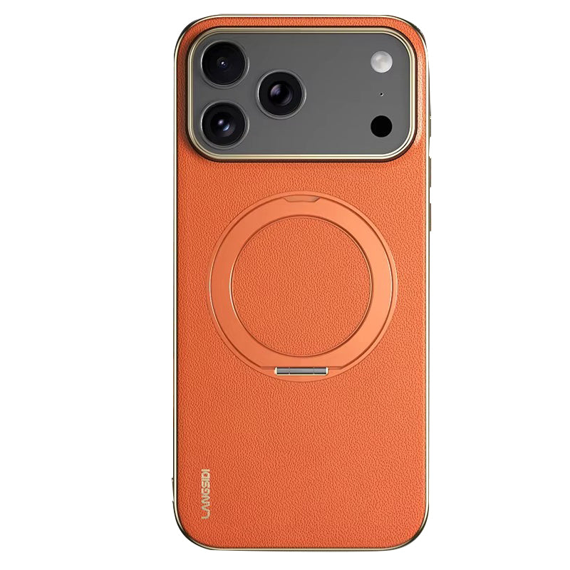 Luxury iPhone Case — Magnetic Cowhide Leather Cover with 360° Rotating Ring Holder, Full Lens Protection and Shockproof PC+TPU Design