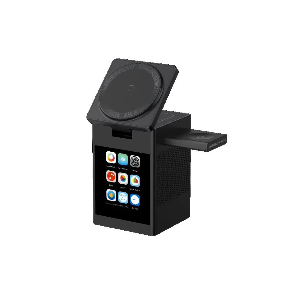 Premium iPhone Magnetic Wireless Charging Station, 15W Fast-Charge Stand with LED Display, Bluetooth Speaker & Alarm Clock