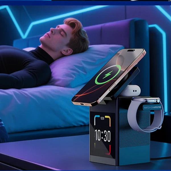 Premium iPhone Magnetic Wireless Charging Station, 15W Fast-Charge Stand with LED Display, Bluetooth Speaker & Alarm Clock