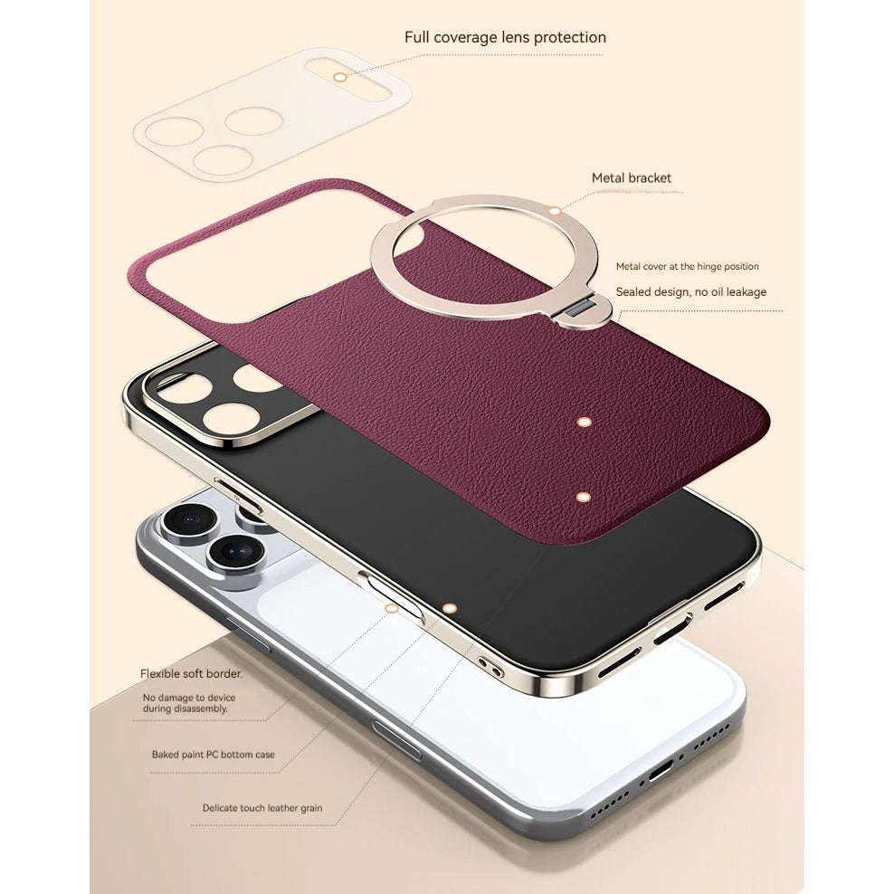 Luxury iPhone Case — PU Leather Cover with Rotating Metal Bracket Stand, Shockproof Back Protection and Premium Non-Slip Design