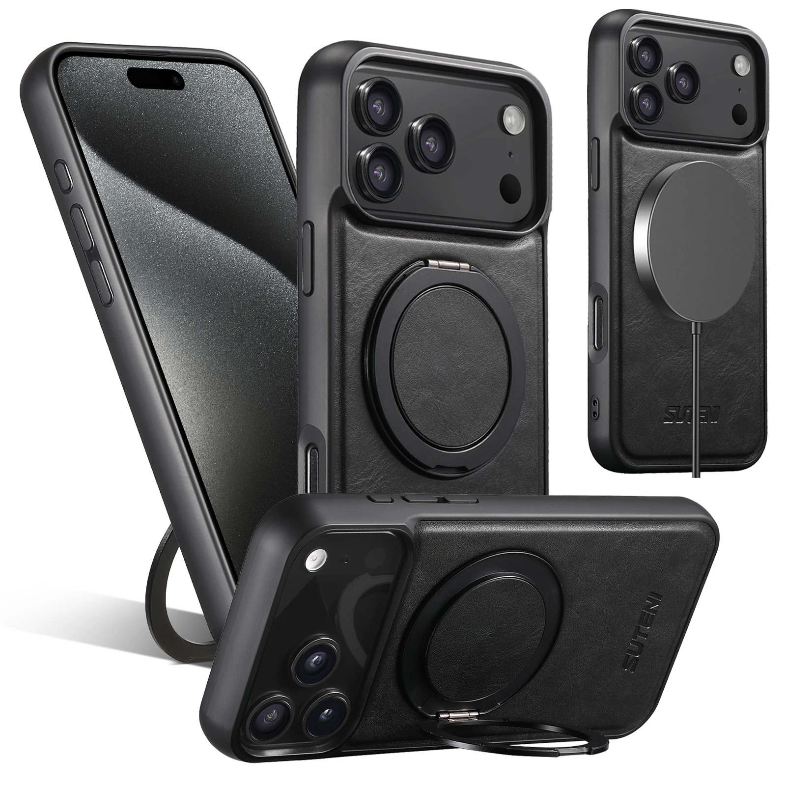 Ultra-Slim Magnetic iPhone Case — 360° Rotating Stand, Oil Wax PU Leather, Wireless Charging Compatible, Shock-Resistant Back Cover