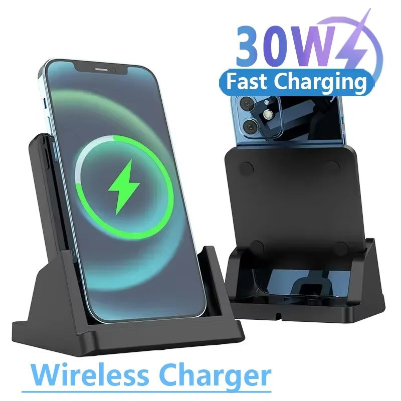 Ultra-Slim Wireless Charger Pad Stand, 30W Fast-Charge Desktop Dock with Charging Indicator for Smartphones