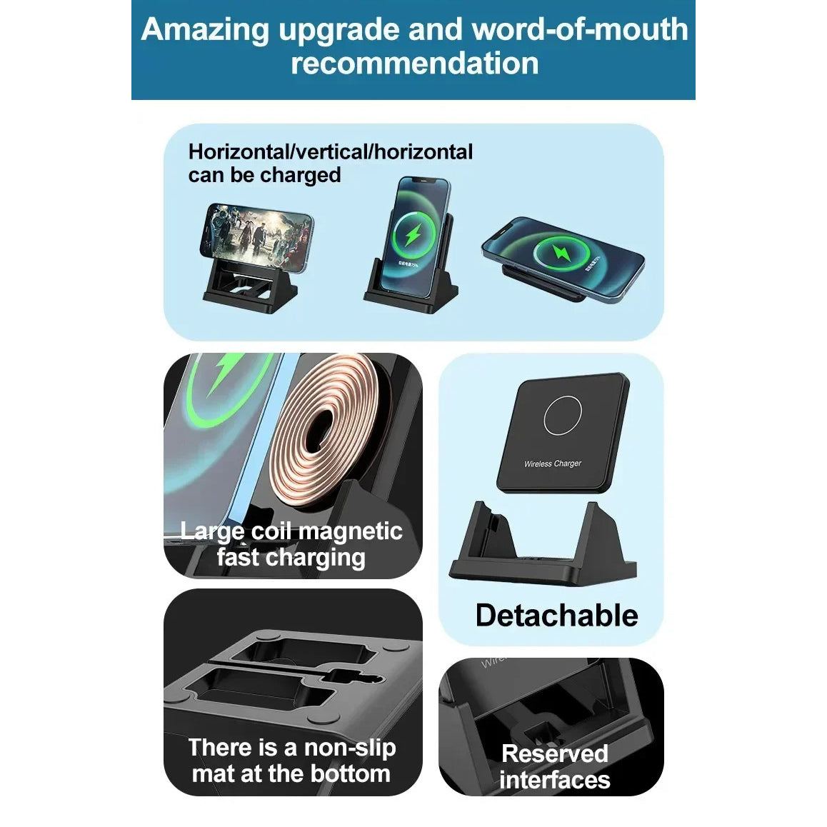 Ultra-Slim Wireless Charger Pad Stand, 30W Fast-Charge Desktop Dock with Charging Indicator for Smartphones