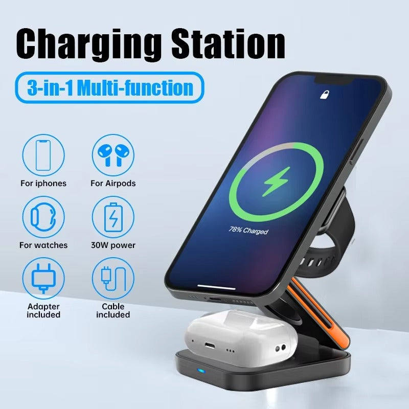 Ultra-Slim iPhone 3-in-1 Foldable Magnetic Wireless Charging Station, 15W Fast-Charge Stand for Watch, Phone & Earbuds
