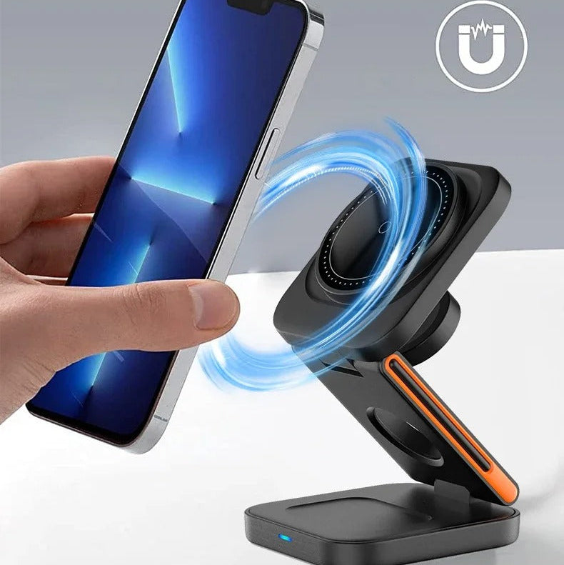 Ultra-Slim iPhone 3-in-1 Foldable Magnetic Wireless Charging Station, 15W Fast-Charge Stand for Watch, Phone & Earbuds