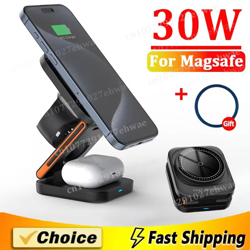 Ultra-Slim iPhone 3-in-1 Foldable Magnetic Wireless Charging Station, 15W Fast-Charge Stand for Watch, Phone & Earbuds