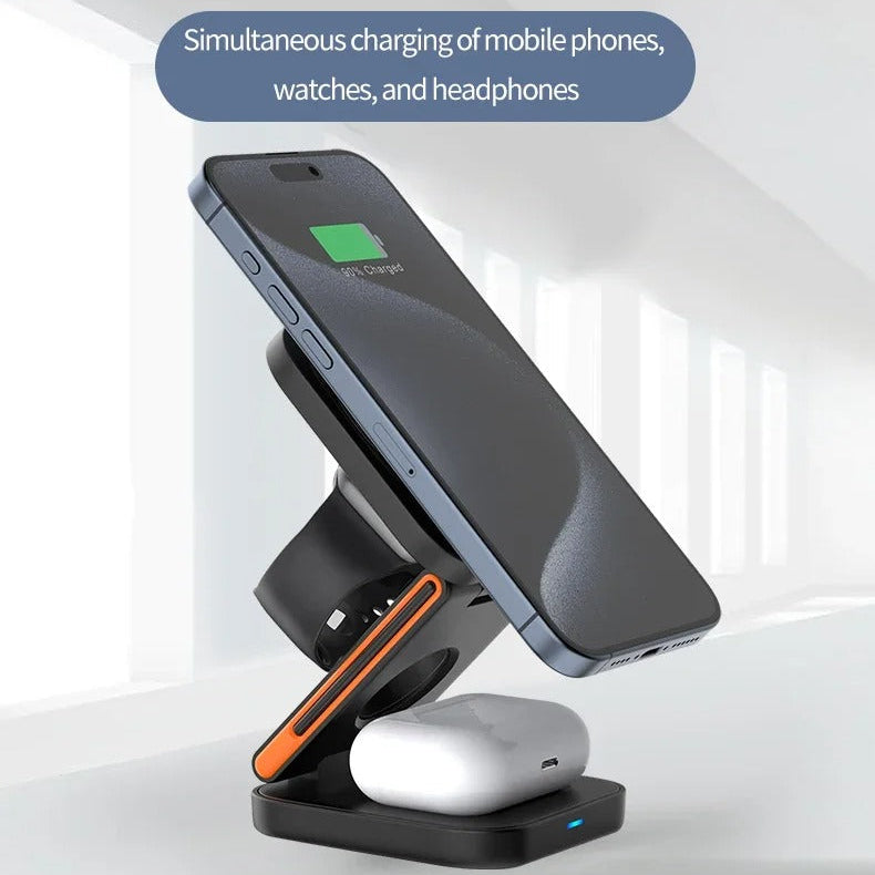 Ultra-Slim iPhone 3-in-1 Foldable Magnetic Wireless Charging Station, 15W Fast-Charge Stand for Watch, Phone & Earbuds