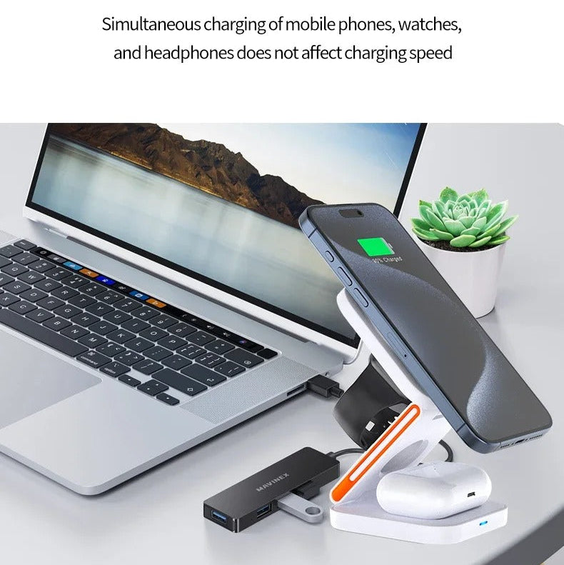 Ultra-Slim iPhone 3-in-1 Foldable Magnetic Wireless Charging Station, 15W Fast-Charge Stand for Watch, Phone & Earbuds