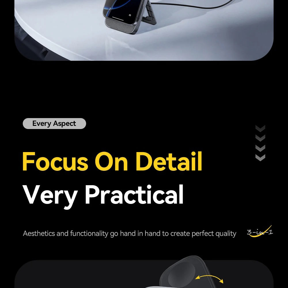 Ultra-Slim iPhone 3-in-1 Portable Wireless Charger Stand, 15W Magnetic Fast-Charge Dock for Phone, Watch & Earbuds with Foldable Design