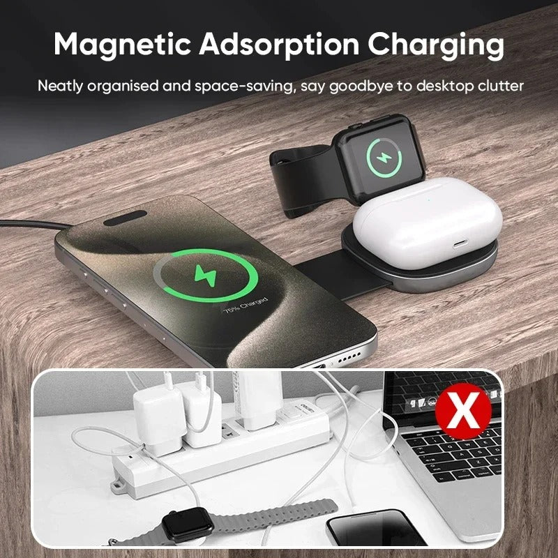 Ultra-Slim iPhone 3-in-1 Portable Wireless Charging Station, 15W Magnetic Foldable Travel Dock for Phone, Watch & Earbuds