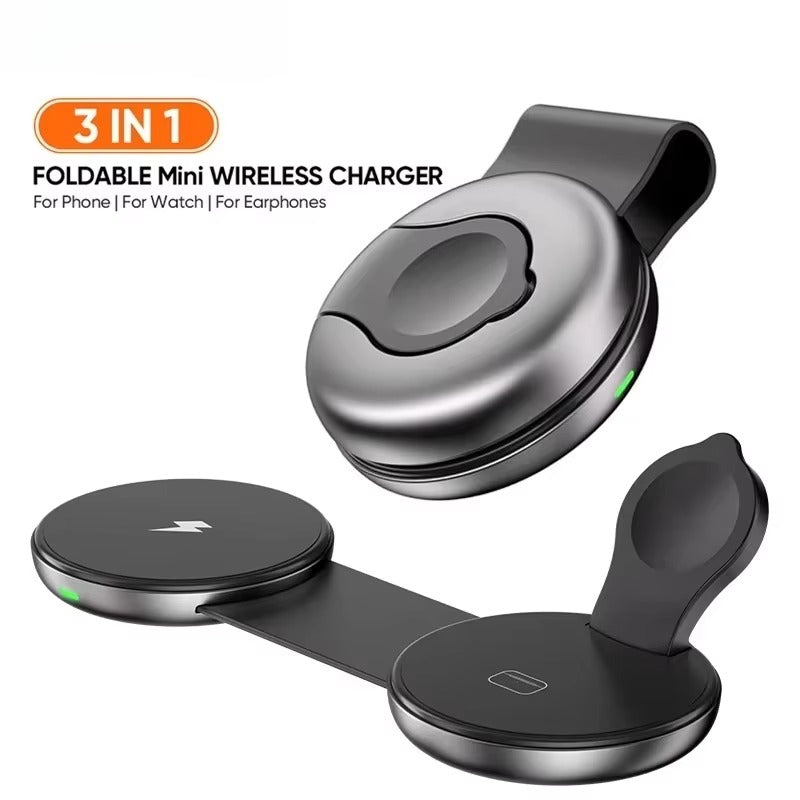 Ultra-Slim iPhone 3-in-1 Portable Wireless Charging Station, 15W Magnetic Foldable Travel Dock for Phone, Watch & Earbuds