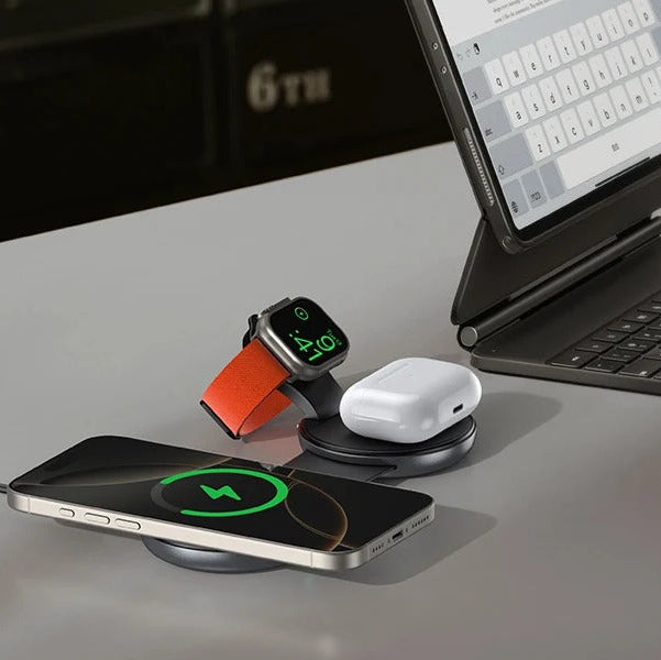 Ultra-Slim iPhone 3-in-1 Portable Wireless Charging Station, 15W Magnetic Foldable Travel Dock for Phone, Watch & Earbuds