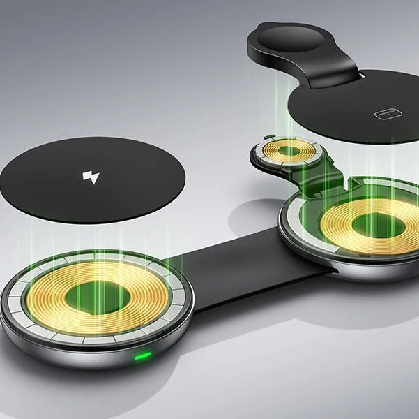 Ultra-Slim iPhone 3-in-1 Portable Wireless Charging Station, 15W Magnetic Foldable Travel Dock for Phone, Watch & Earbuds