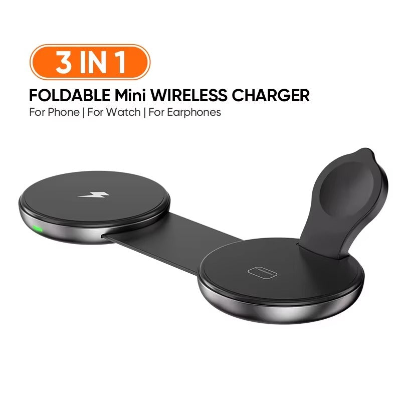 Ultra-Slim iPhone 3-in-1 Portable Wireless Charging Station, 15W Magnetic Foldable Travel Dock for Phone, Watch & Earbuds
